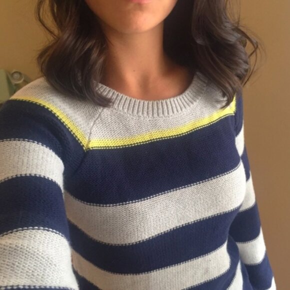 Merona Navy Gray Yellow Stripe Long Sleeve Pullover Sweater Large - Picture 2 of 10